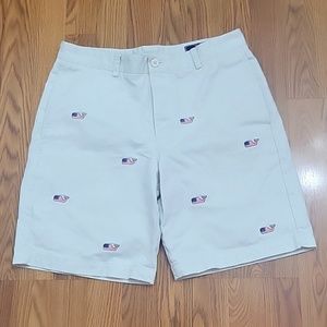 Vineyard Vines Boys Lightblue khaki shorts with red white  blue whales, size 14